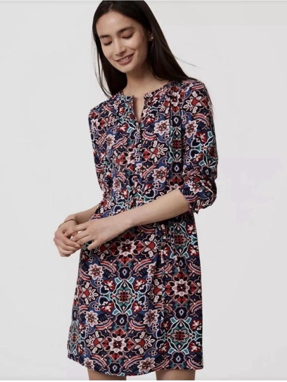 LOFT Stained Glass Floral Print Shift Dress Medium 3/4 Sleeve Women’s M